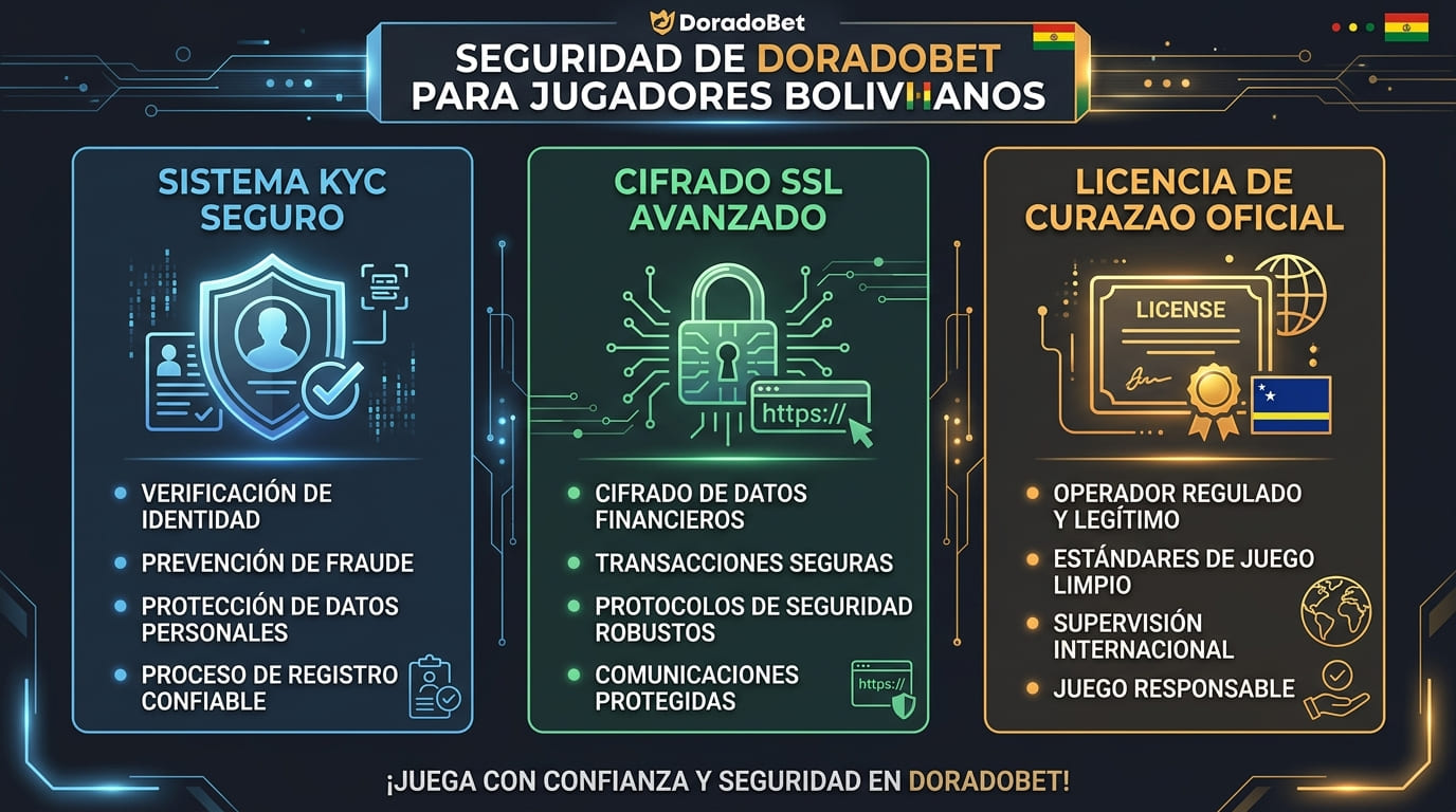 Infografía de seguridad, cifrado y licencia de Doradobet